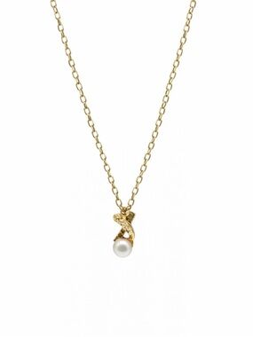 Vintage Gold Tone Faux Pearl X Ribbon Pendant Necklace 17.5 Inch Classic